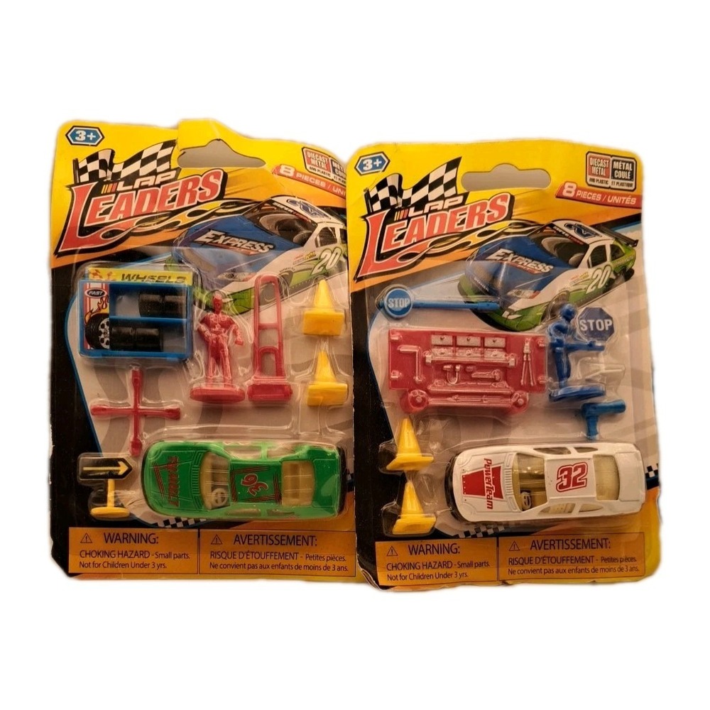 Lap Leaders 2 Sets Of 8 Pieces, White and Green Race Car 1/64 Toys NIB!